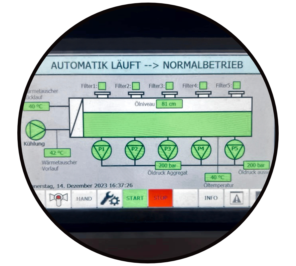 Elektrisches Touchpanel zur Überwachung eines Hydraulikaggregats mit Anzeigen für Tank, Filter und anderen Komponenten in rot und grün