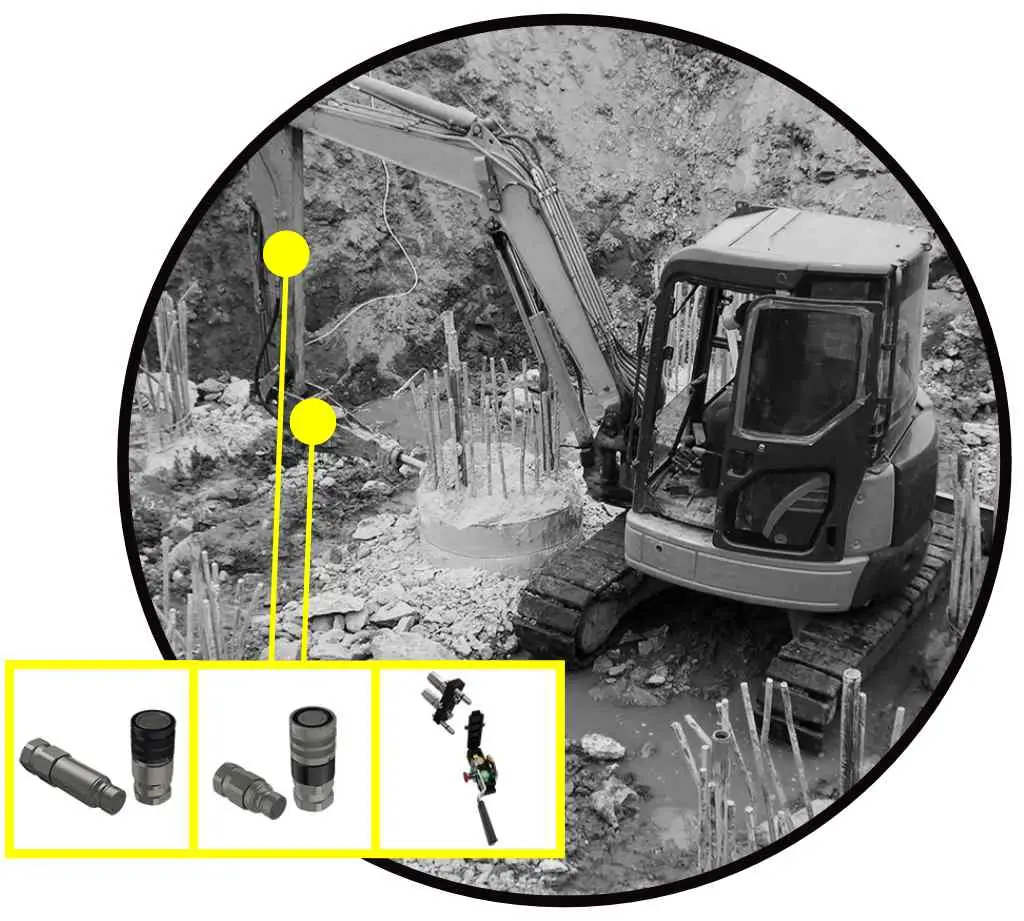Hydraulikkupplungen und Multikuppler, gezeigt mit ihrem Einsatzort an einem Bagger