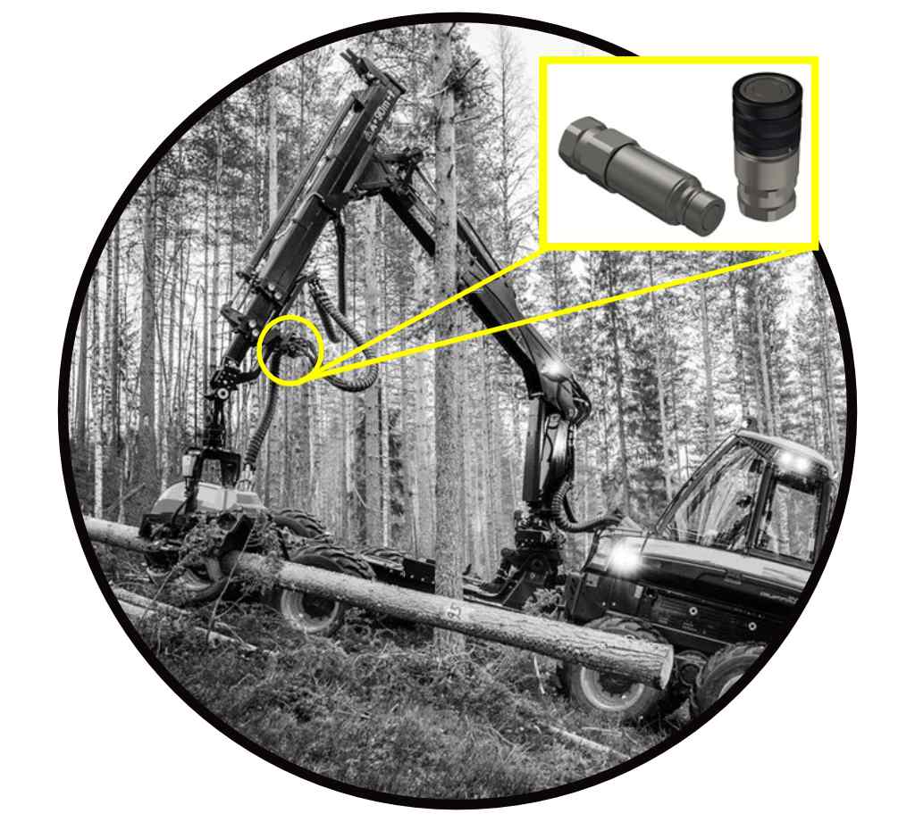 Hydraulikkupplungen gezeigt mit ihrem Einsatzort einer Forstmaschine