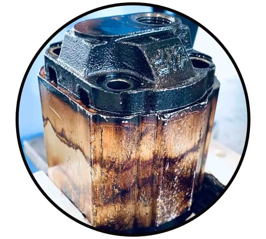 Außengehäuse einer Zahnradpumpe verfärbt, da das Hydrauliköl zu heiß geworden ist.