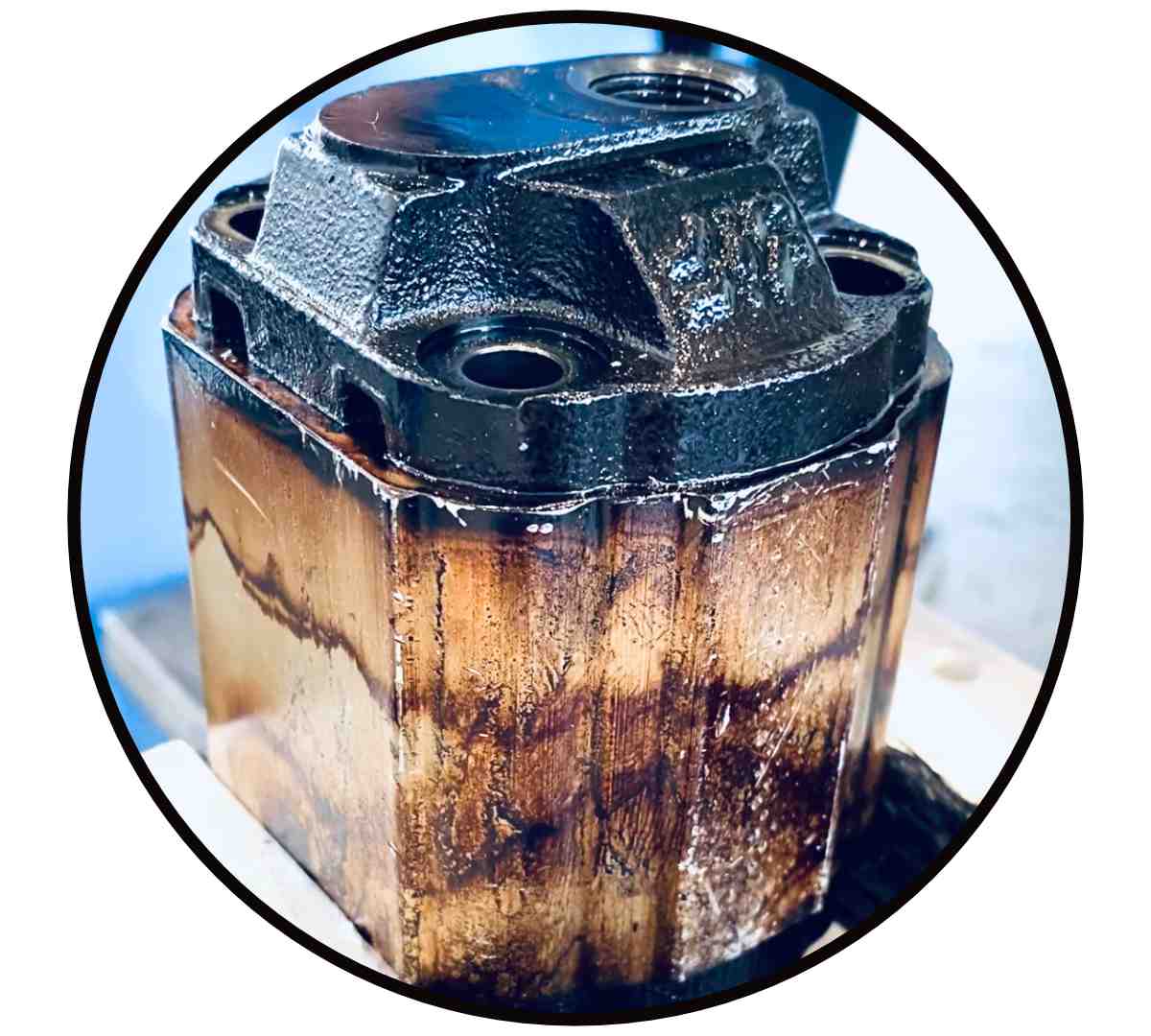 Außengehäuse einer Zahnradpumpe verfärbt, da das Hydrauliköl zu heiß geworden ist.