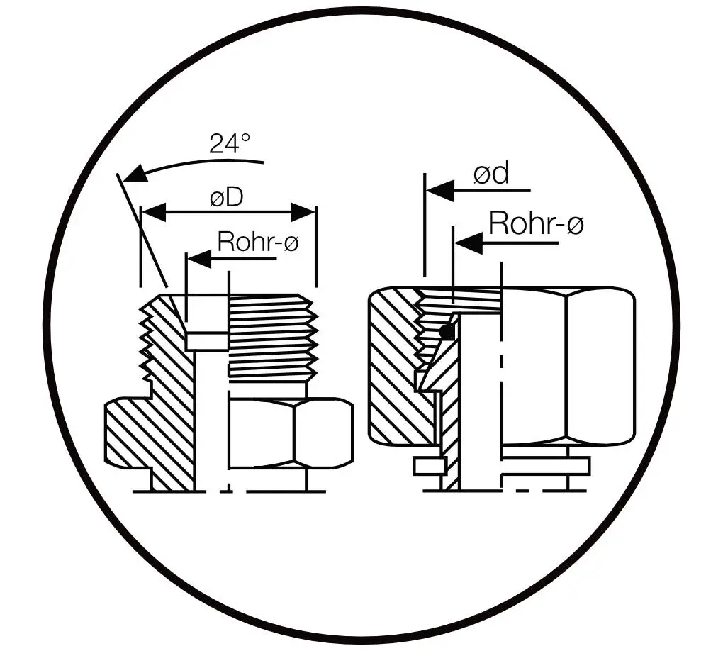 Technische Abbildung einer Hydraulikverschraubung mit Außengewinde und 24° Dichtkegel